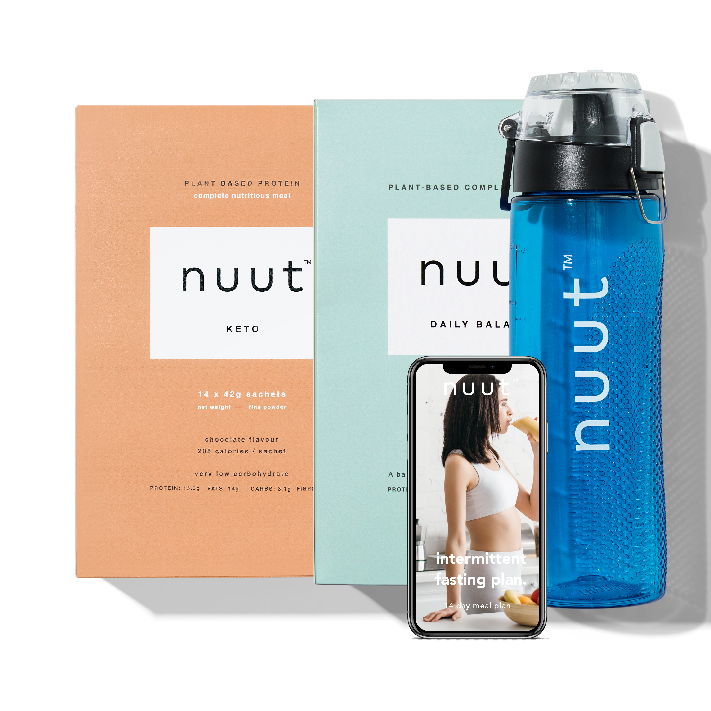 Packaging for 14-day intermittent fasting plan, with meal plan and thermos bottle